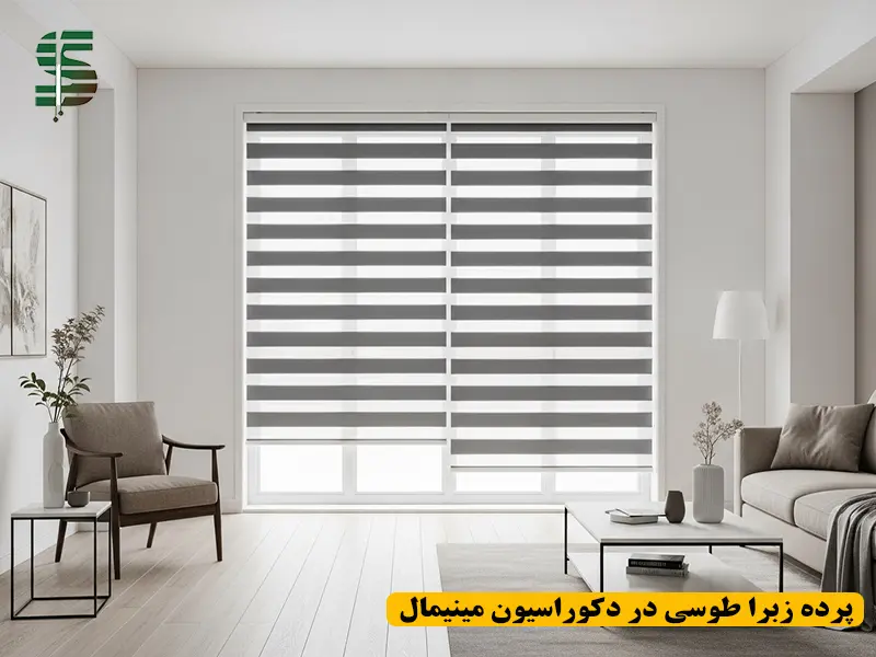 پرده زبرا طوسی ساده در دکوراسیون مینیمال با طراحی مدرن و نور طبیعی