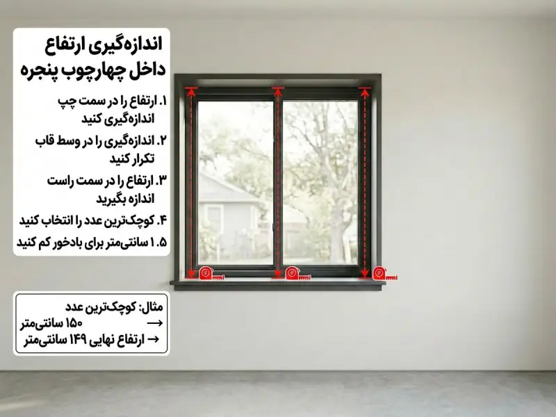 آموزش اندازهگیری ارتفاع داخل چهارچوب پنجره برای پرده زبرا و شید از چپ، وسط و راست