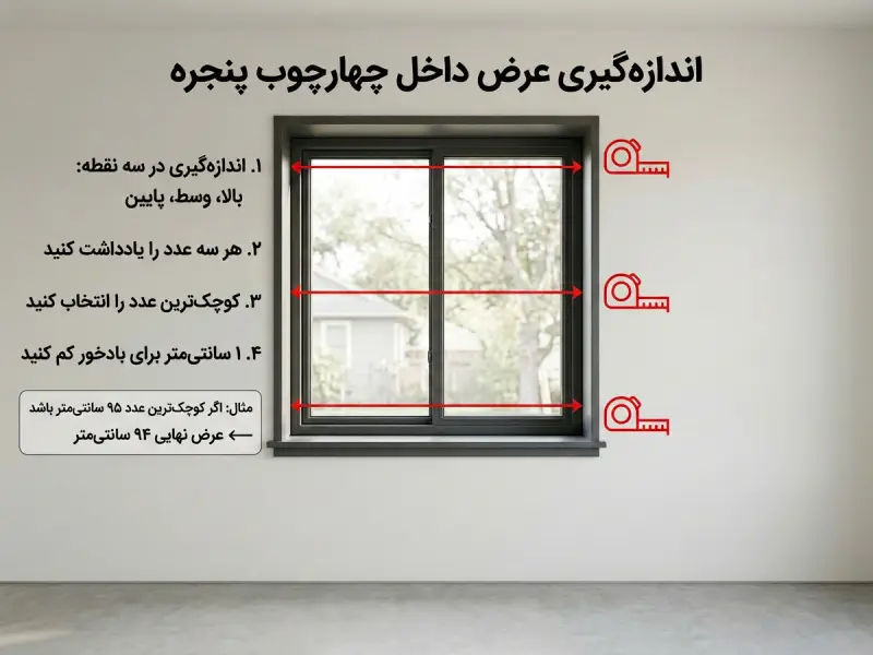 اندازهگیری عرض داخل چهارچوب پنجره برای پرده زبرا و شید در سه نقطه بالا، وسط و پایین