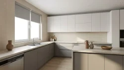 پرده در دکوراسیون آشپزخانه مدرن با طراحی مینیمال و کابینت سفید طوسی