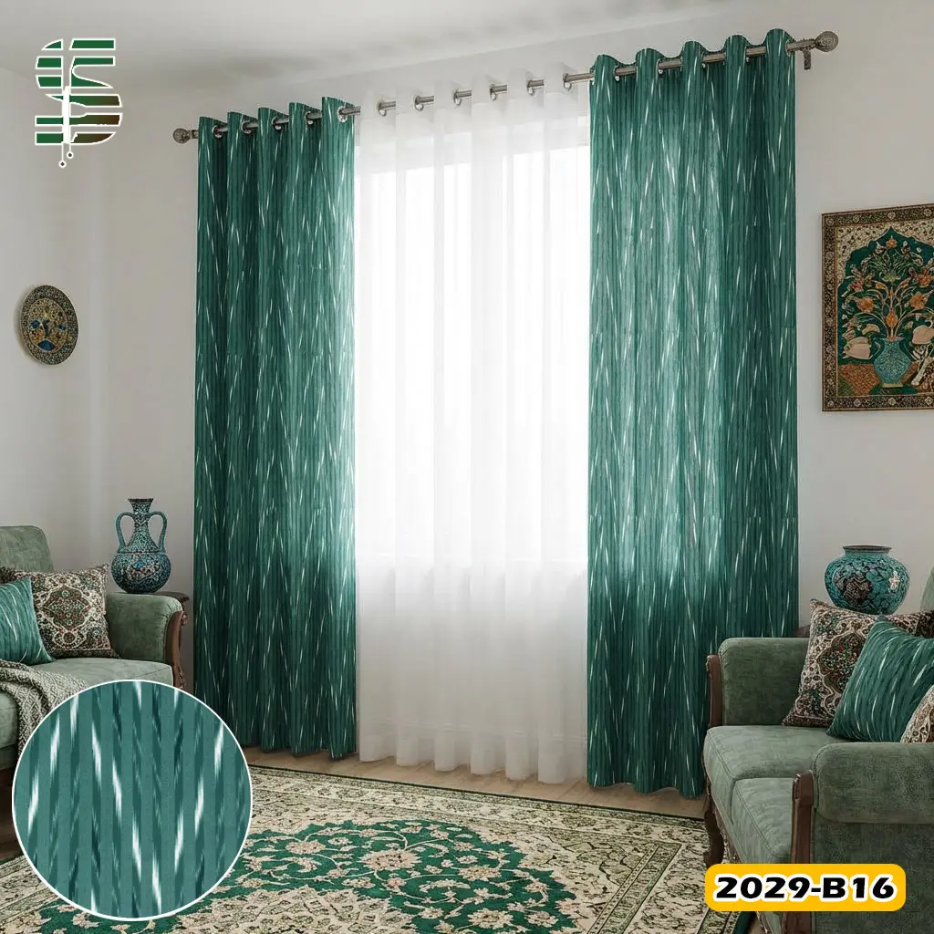 پرده مخمل و حریر کتان پانچ کد 2029b رنگ سبز