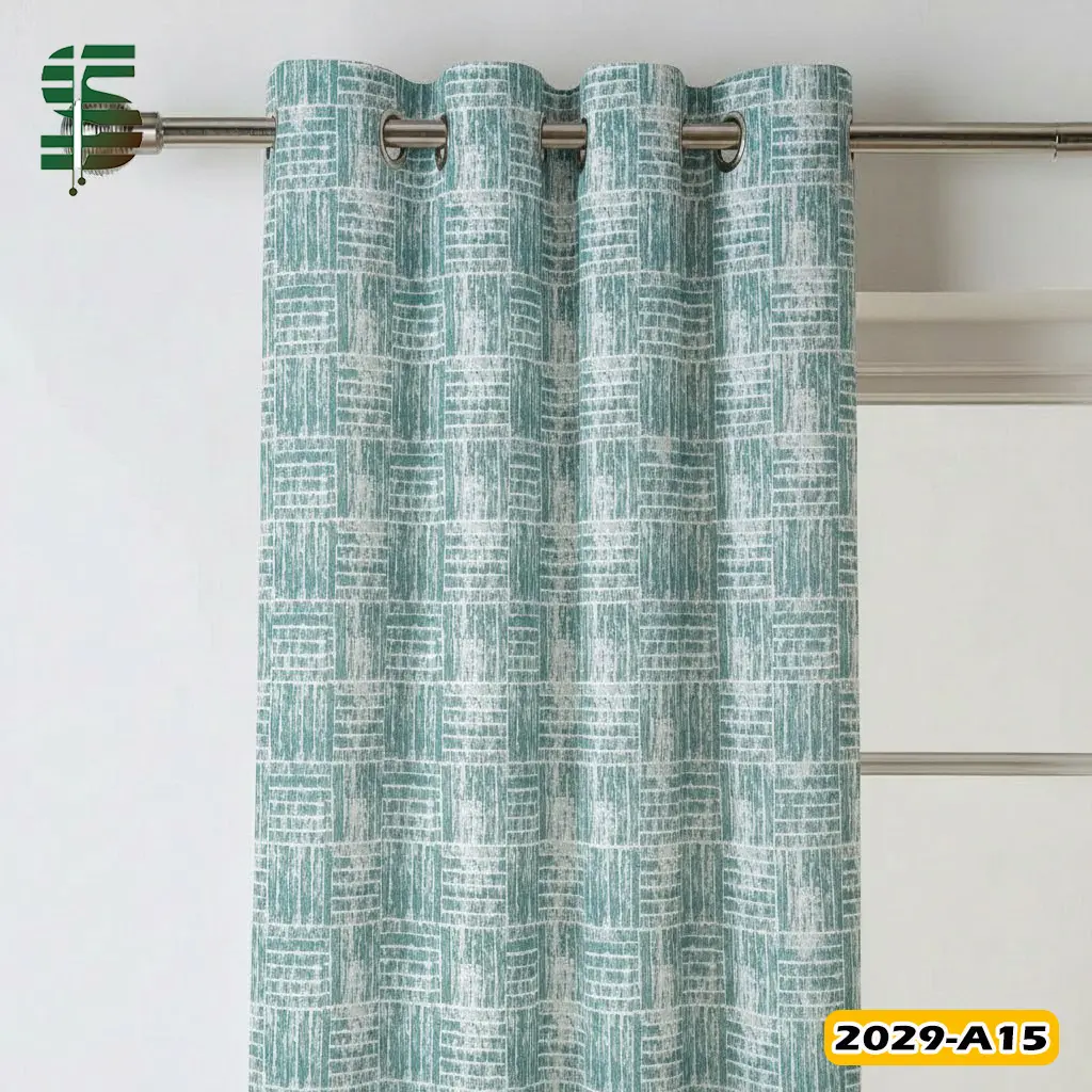 پرده پانچ مخمل و کتان هازان کد 2029A رنگ سبز آبی