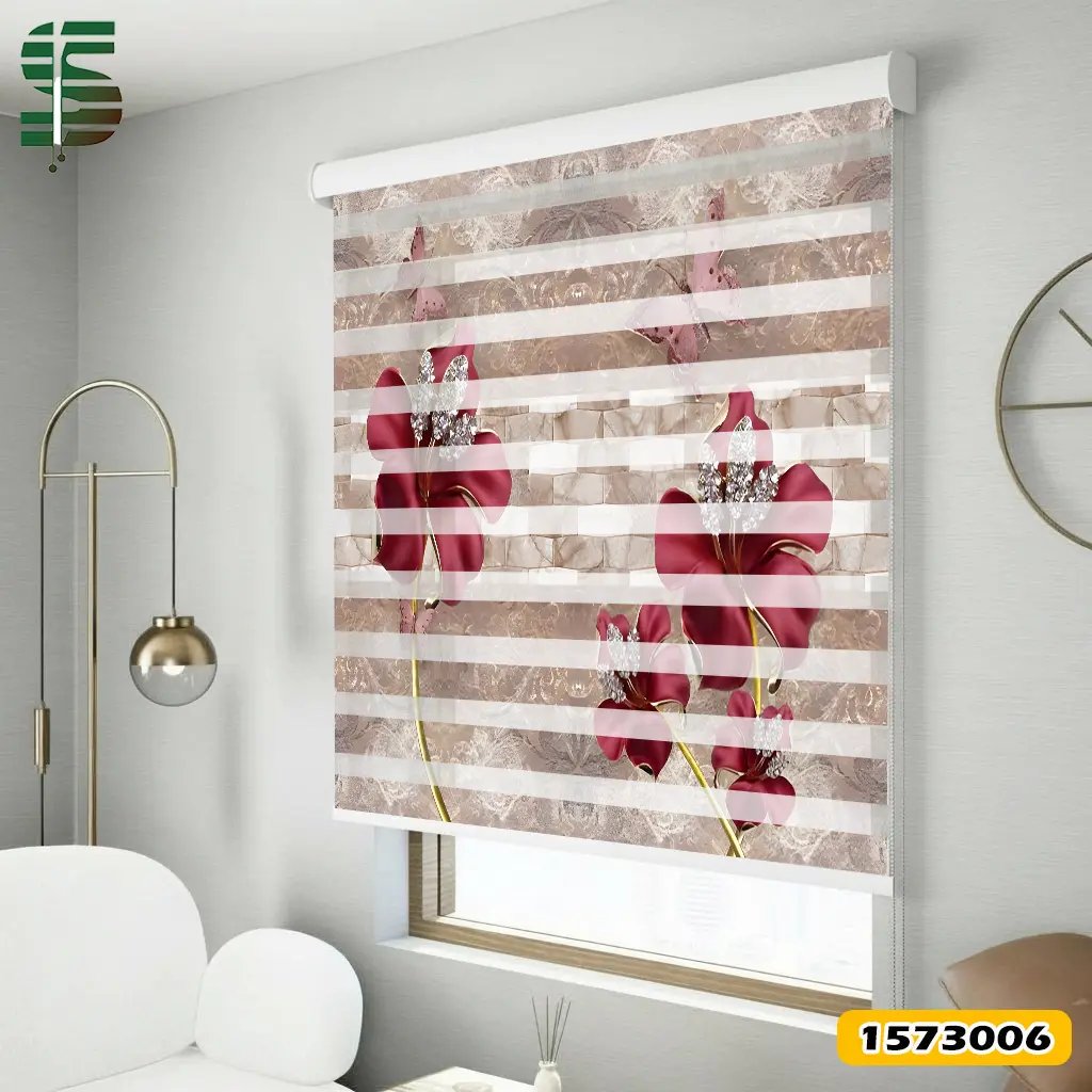 پرده زبرا سه بعدی کد 1573006 مدل گل قرمز و پروانه صورتی