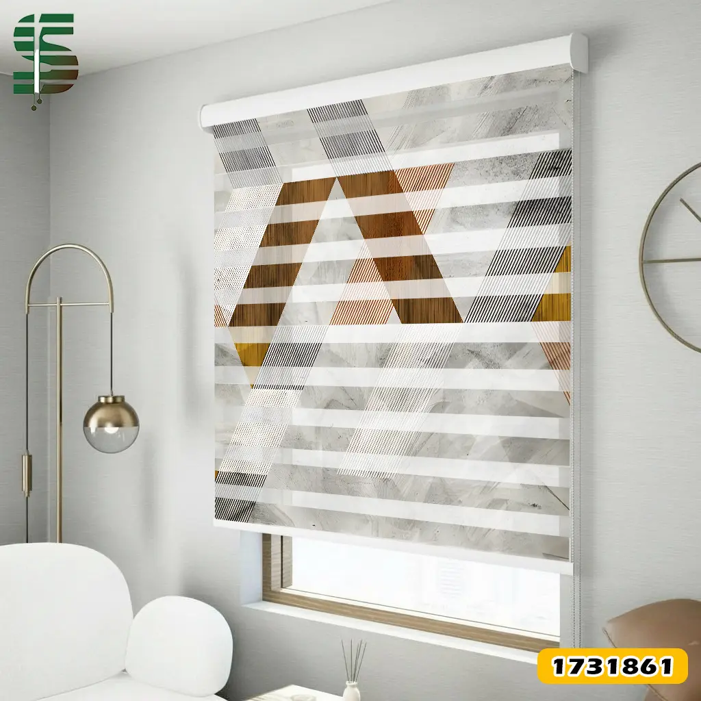 پرده زبرا سه بعدی کد 1731861 مدل اشکال هندسی به رنگ سفید و چوب