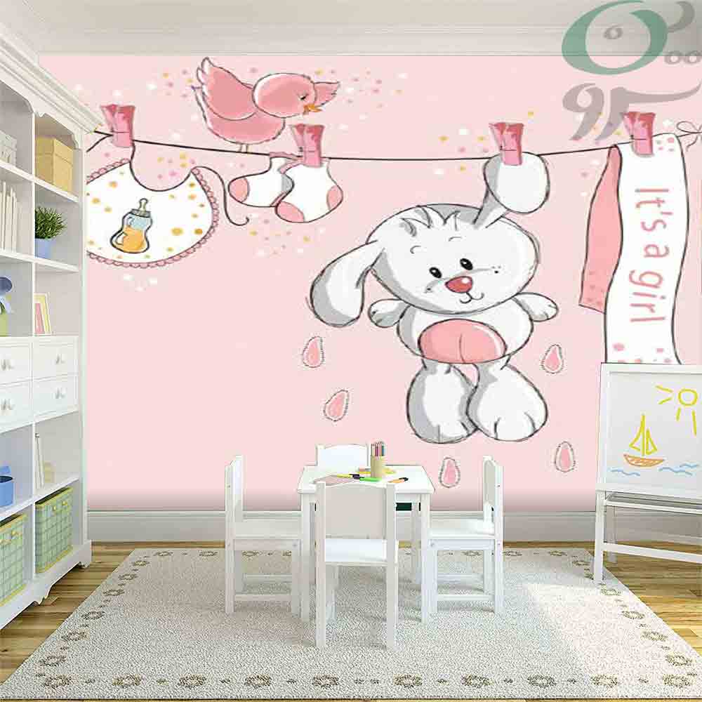 کاغذ دیواری پوستری کودک طرح خرگوش و بند رخت PO-A972