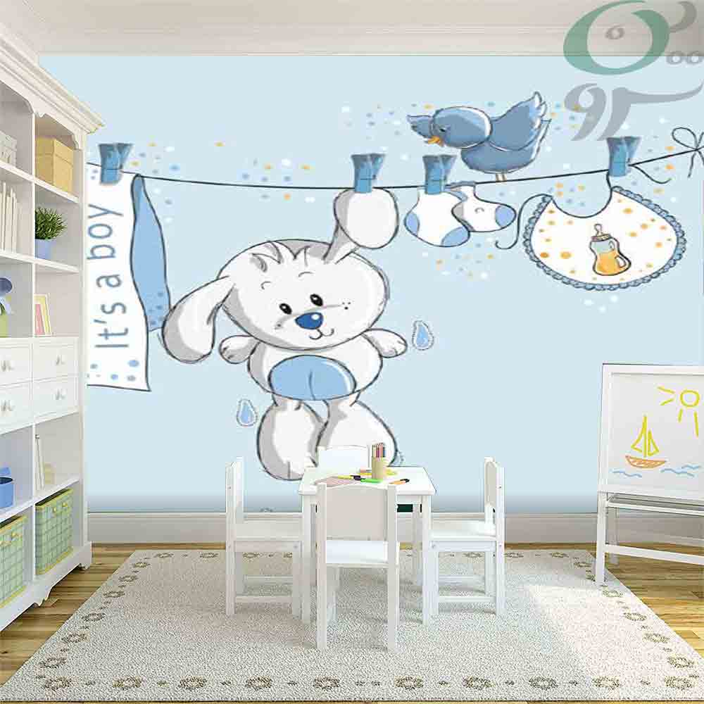 کاغذ دیواری پوستری آبی رنگ کودک طرح خرگوش PO-A952
