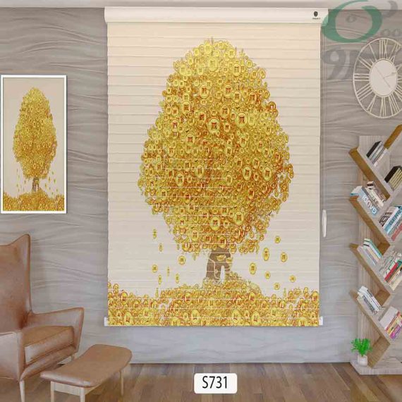 پرده سیلوئت چاپی طرح درخت طلایی حالت بسته