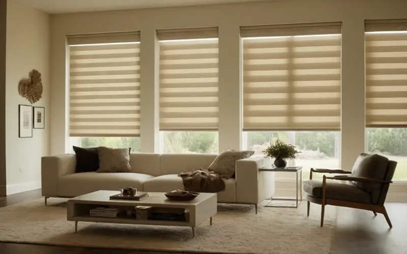 نمایی از پرده زبرا برقی مدرن در یک اتاق نشیمن لوکس