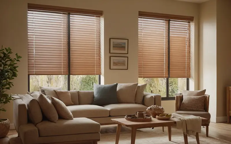 پرده کرکره چوبی برقی با جلوه‌ای گرم و طبیعی در فضای نشیمن