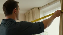 فردی در حال اندازه‌گیری پنجره برای نصب دقیق پرده پانچ؛ آموزش روش اندازه‌گیری ارتفاع و عرض پرده پانچی برای انتخاب سایز مناسب