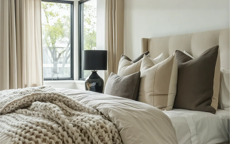 ترکیب پرده و روتختی با جنسها و بافتهای مختلف برای جذابیت بصری