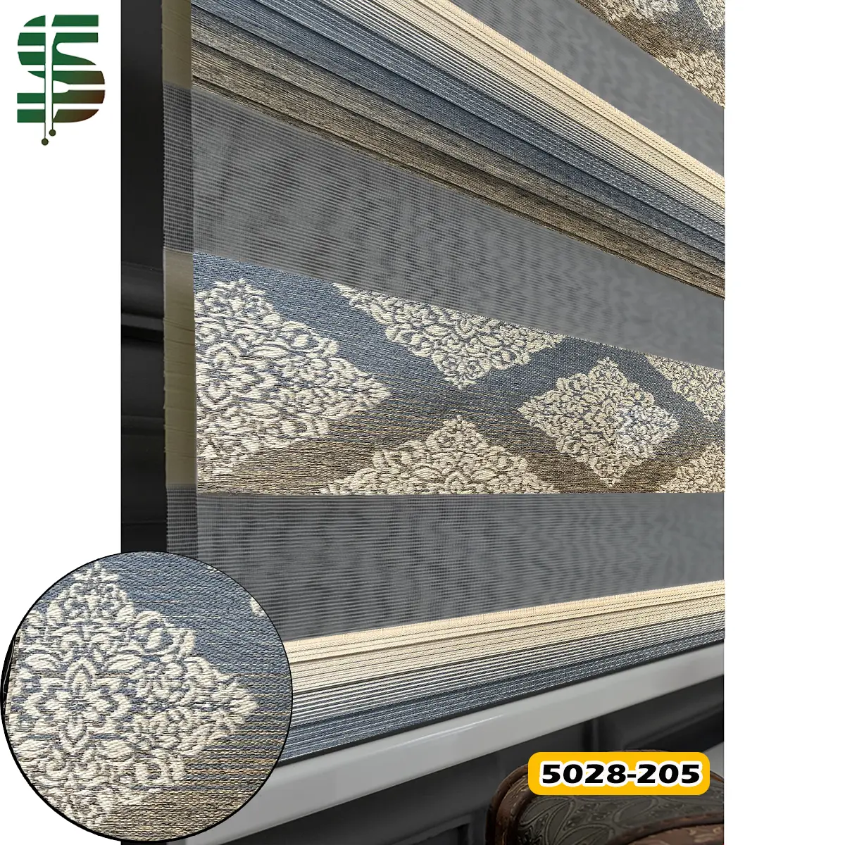 پرده زبرا پلیسه گلدار کد 5028 کرم آبی