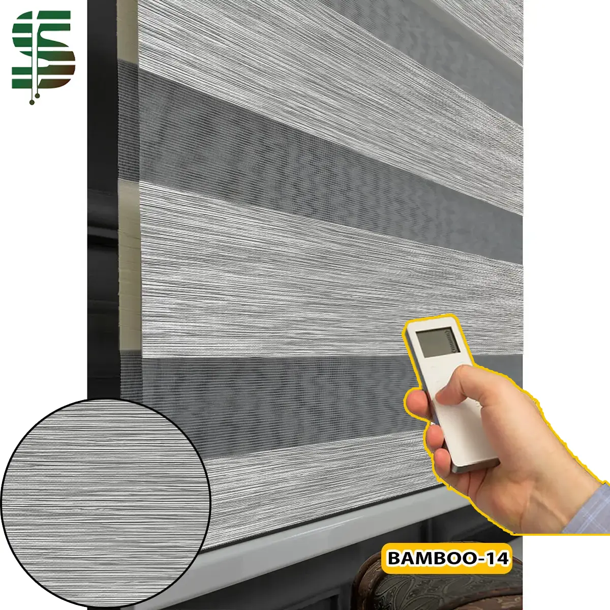 پرده زبرا برقی طرح چوب سری بامبو طوسی روشن