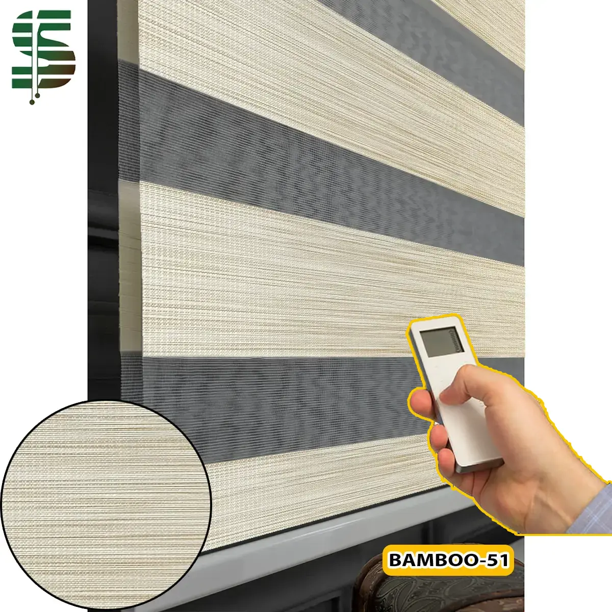 پرده زبرا برقی طرح چوب سری بامبو کرم روشن