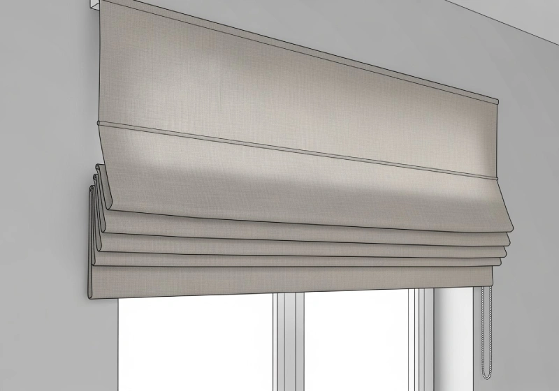 تصویر پرده رومن در حالت جمع با نمایش ارتفاع جمع شده و چینهای مرتب در بالای پنجره