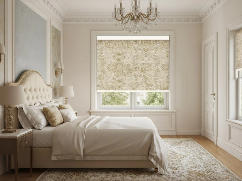 پرده شید پتینه کرم در اتاق خواب