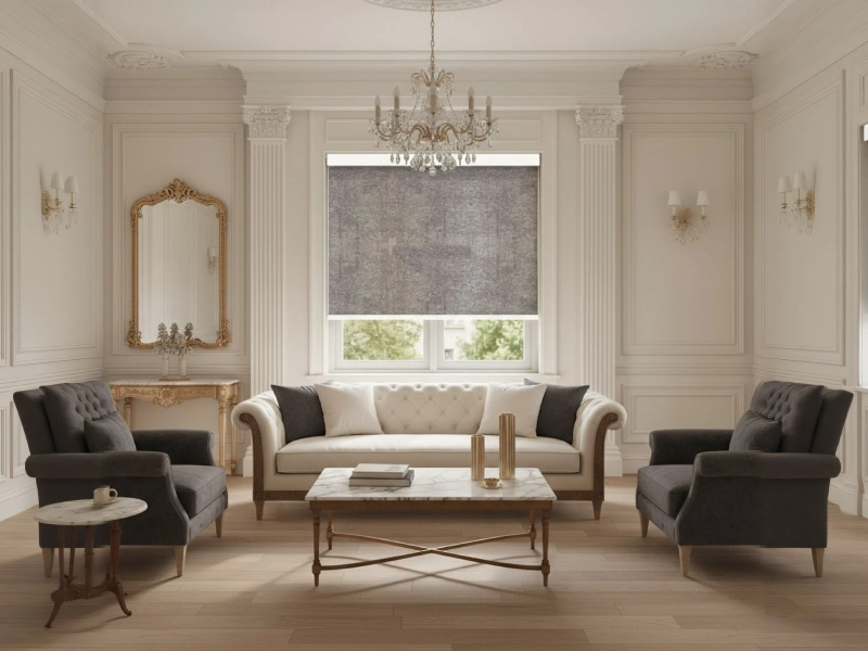 پرده شید پتینه طوسی در پذیرایی