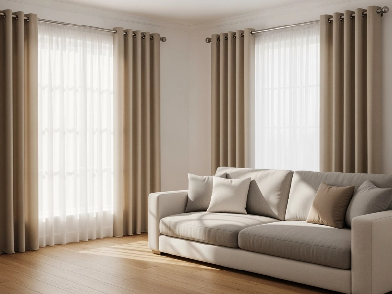 پذیرایی مدرن و دنج با دیوار سفید و پرده پانچ کرم، مبلمان با رنگهای خنثی و کفپوش چوبی، نور طبیعی نرم و فضای گرم و دلنشین