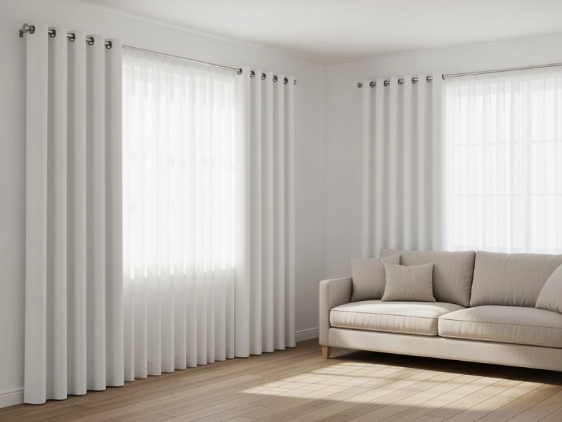 پذیرایی مینیمال با دیوار سفید و پرده پانچ شیری، مبلمان ساده کرم و کفپوش چوبی، نور طبیعی که سایههای واقعی روی پرده ایجاد میکند، فضای آرام و هماهنگ