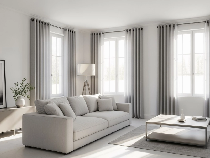 پذیرایی مدرن با دیوار سفید و پرده پانچ طوسی روشن، هماهنگ با مبلمان و کفپوش، نور طبیعی و فضای دلنشین