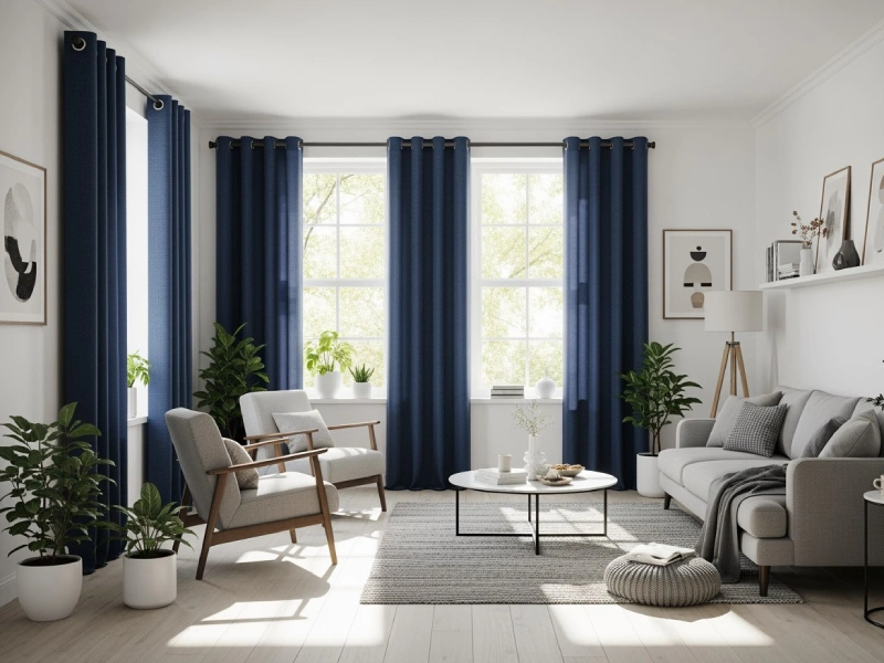 پذیرایی مدرن با دیوار سفید و پرده پانچ آبی تیره، مبلمان با رنگهای خنثی و کفپوش چوبی، نور طبیعی که پارچه پرده را برجسته میکند، فضای شیک و دنج