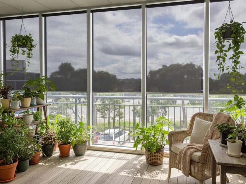 بالکن با پرده شید اسکرین و نور طبیعی و فضای دنج با گیاهان