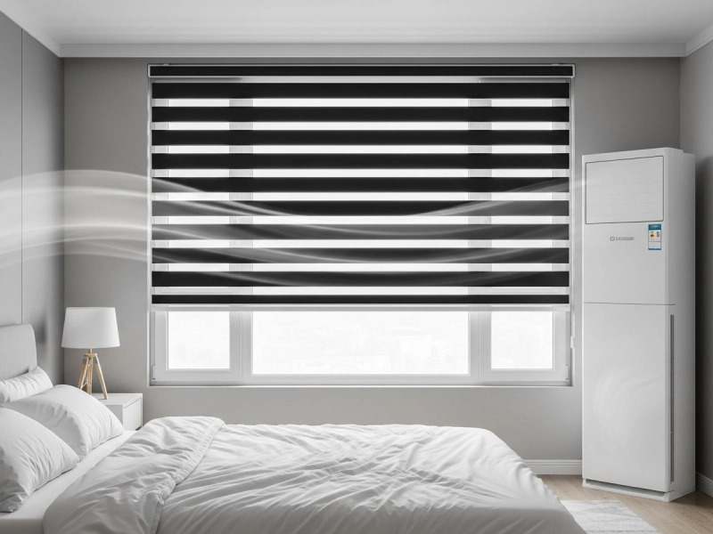 پرده زبرا کنار کولر گازی در اتاق خواب مدرن