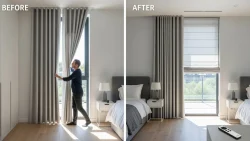 مقایسه پرده دستی و پرده برقی در اتاق خواب مدرن