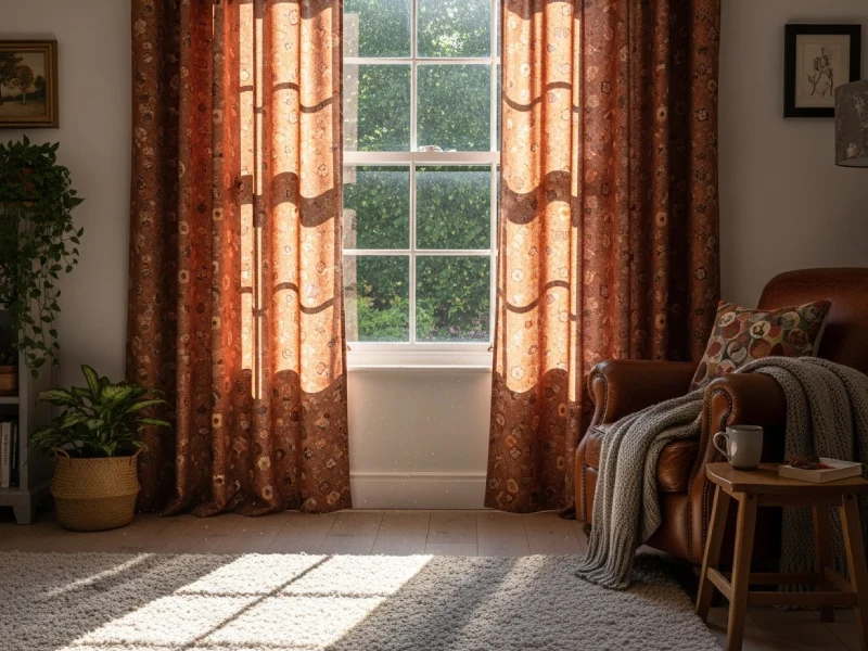 اتاق نشیمن با پرده پانچ چاپی و سایه‌های نرم نور آفتاب