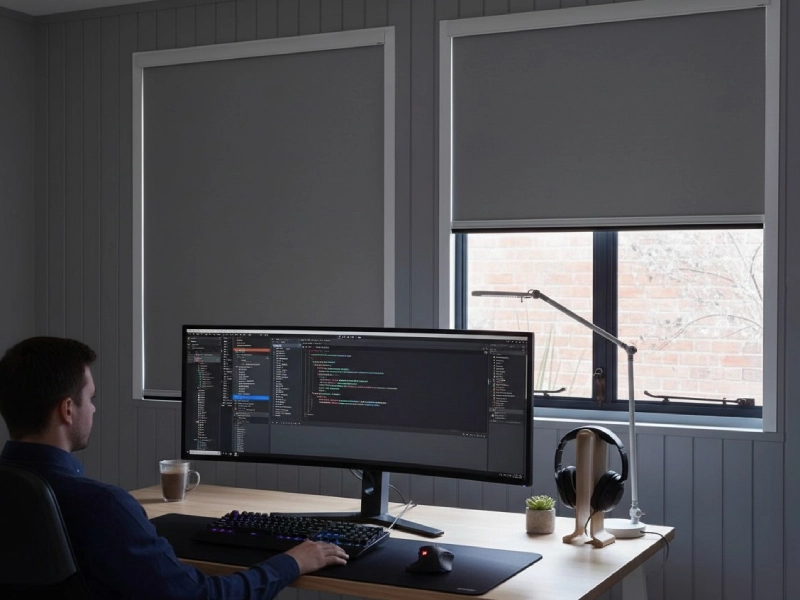 دفتر کار خانگی با پرده شید بلک اوت برای تمرکز و تاریکی کامل