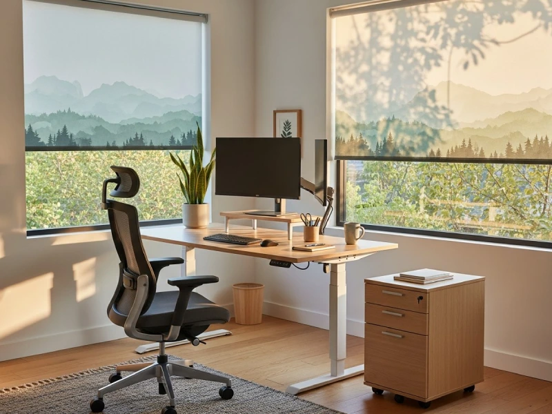 دفتر کار با پرده شید چاپی و نور خورشید ملایم