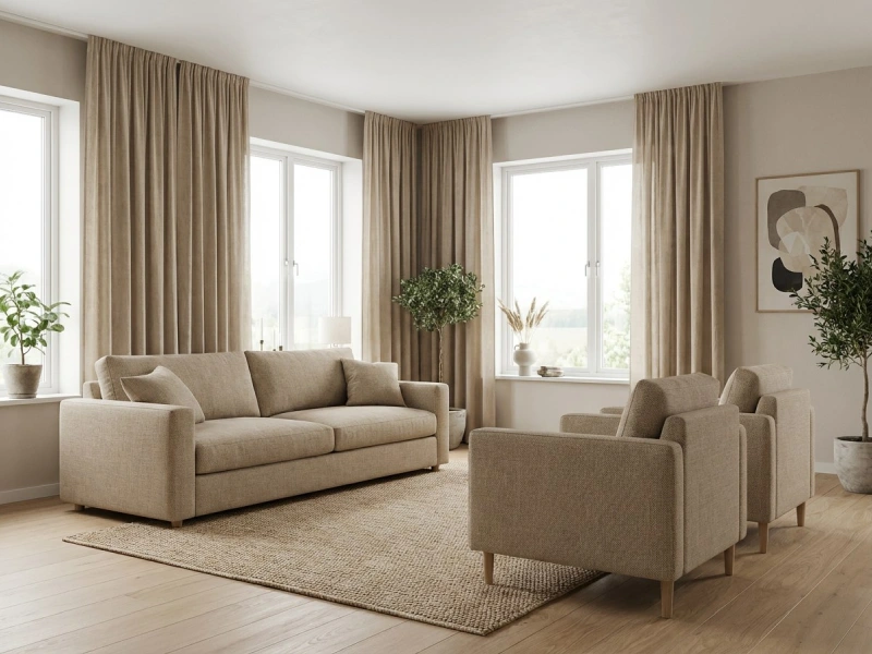 پذیرایی مدرن با پردههایی که رنگ آنها با مبلمان و فرش هماهنگ است، ایجاد تعادل بصری و جلوهای شیک و مدرن در دکوراسیون