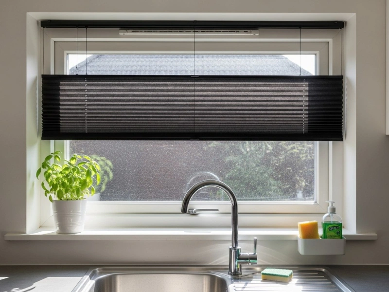 پرده پلیسه پشت دری مناسب پنجره کوچک پشت سینک آشپزخانه