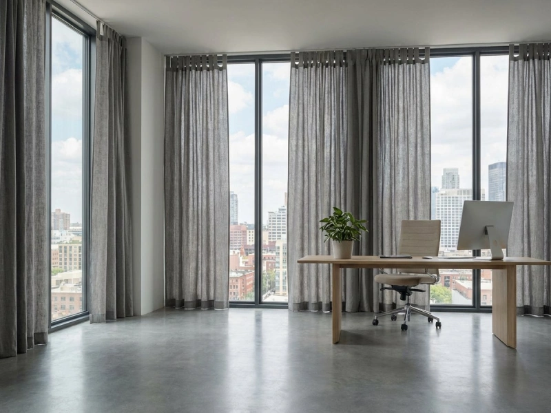 دفتر کار مدرن با پرده بندینک دار خاکستری، پنجره‌های بزرگ، نور طبیعی و چین‌های مرتب پرده، طراحی مینیمال و حرفه‌ای