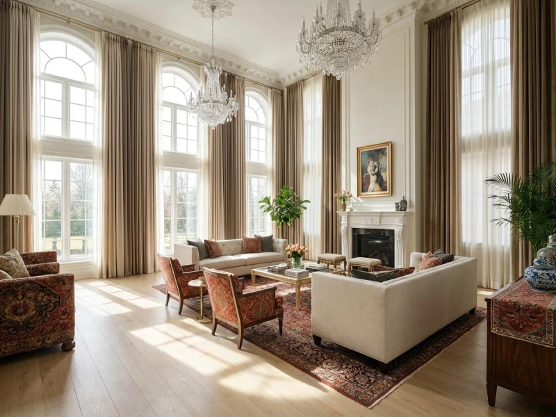 پذیرایی بزرگ و روشن با پردههای بلند، جلوه شیک و فاخر، دیوارها و پنجرهها بلندتر و چشمگیرتر، دکوراسیون هماهنگ و مدرن