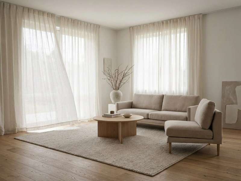 پذیرایی مینیمال با پرده سبک و ساده، دکوراسیون آرام و مرتب با مبلمان کمجزئیات و رنگهای خنثی