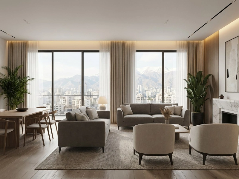 پذیرایی مدرن با پرده مینیمال، دکوراسیون شیک و هماهنگ با مبلمان مدرن