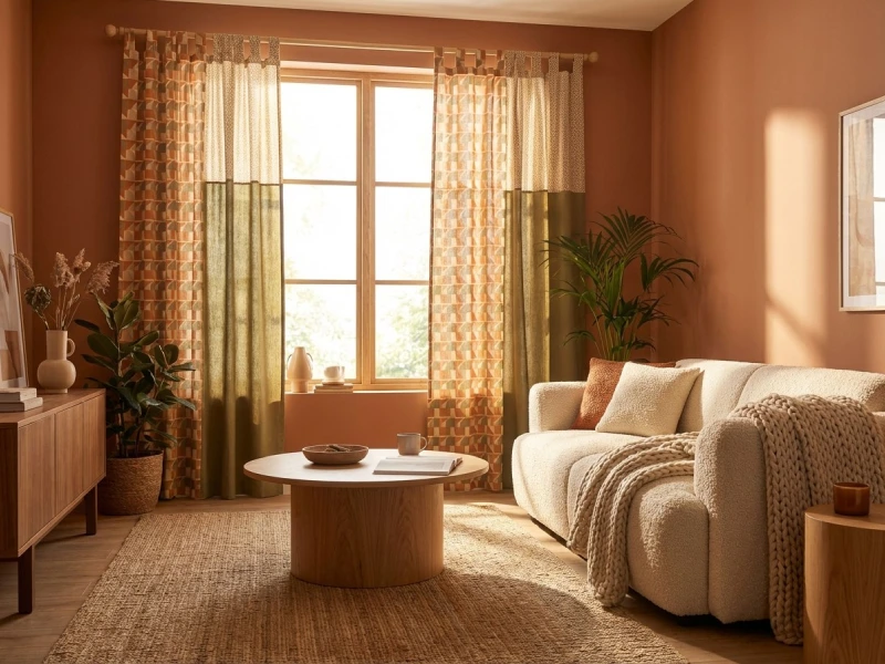 اتاق پذیرایی با پرده بندینک دار طرح‌دار، نور طبیعی از پنجره‌های بزرگ، چین‌های مرتب پرده و دکوراسیون مدرن و گرم