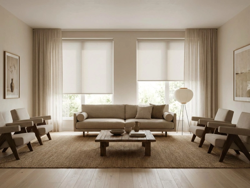 پذیرایی مدرن با پرده شید رول و پرده حریر، نور قابل تنظیم و فضای نرم و دلنشین، دکوراسیون شیک و هماهنگ