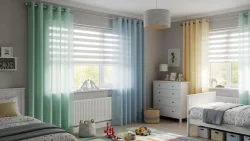 پرده اتاق مشترک دو کودک با رنگ‌های پاستلی هماهنگ