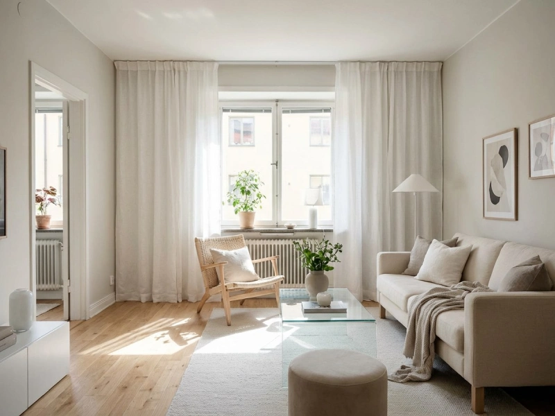 پذیرایی کوچک با پردههای سبک، ساده و روشن، عبور نور طبیعی به خوبی، دکوراسیون شیک و هماهنگ با مبلمان مدرن