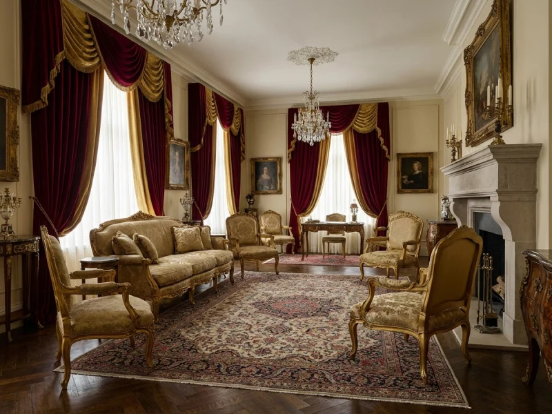 پذیرایی لوکس با پردههای مخمل و سنگین، فضای سلطنتی و فاخر با مبلمان کلاسیک و دکوراسیون شیک