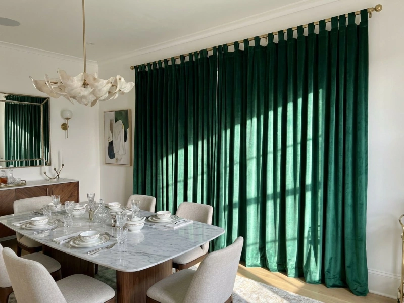 اتاق ناهارخوری با پرده بندینک دار مخملی، نور طبیعی از پنجره‌ها، چین‌های مرتب پرده و دکوراسیون لوکس و مدرن