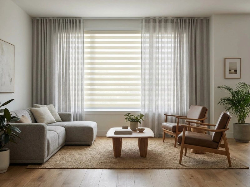 پذیرایی مدرن با ترکیب پرده زبرا و پارچه ای، کنترل نور انعطافپذیر و حفظ حریم خصوصی، دکوراسیون شیک و هماهنگ