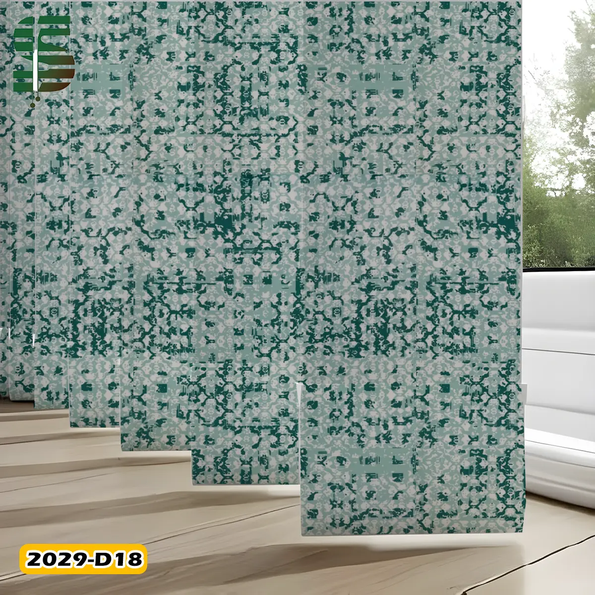 پرده لوردراپه طرح دار کد 2029D رنگ سبز آبی