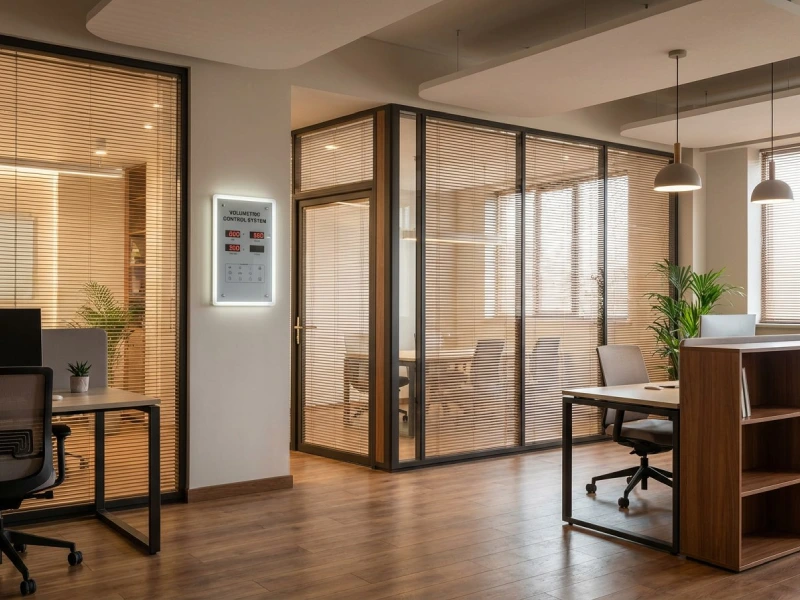 پرده کرکره ولومی طرح چوب داخل پارتیشن اداری هماهنگ با دکوراسیون محیط کار مدرن
