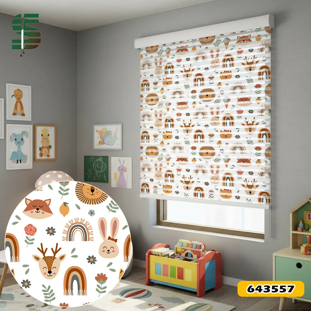 پرده شب و روز کودک کد 643557 طرح صورت حیوانات زیبا و رنگین کمان