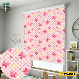 پرده شید کودک کد 1496884 طرح پروانه صورتی و گل زرد