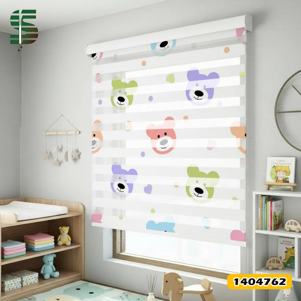 پرده زبرا کودک کد 1404762 طرح خرس های رنگی و قلب
