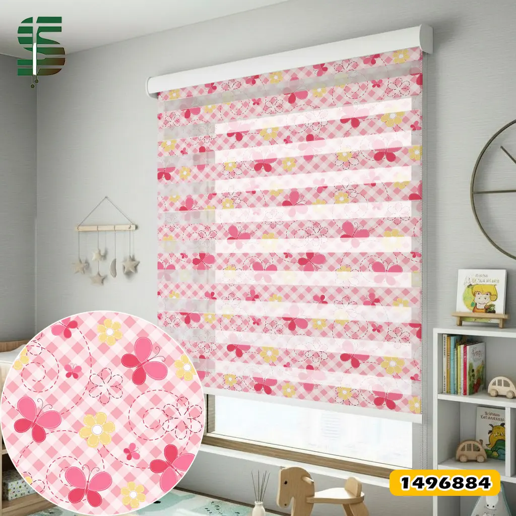 پرده زبرا کودک کد 1496884 طرح پروانه صورتی و گل زرد